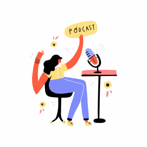 Radio host with table flat vector illustration Radio host with table flat vector illustration. Media hosting doodle drawing. Female podcaster holding nameplate with podcast inscription, broadcaster at workspace isolated cartoon character microphone borders stock illustrations