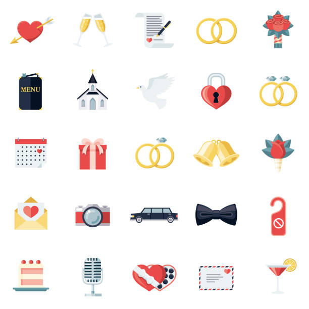 ilustraciones, imágenes clip art, dibujos animados e iconos de stock de conjunto de iconos de boda - wedding invitation wedding greeting card heart shape