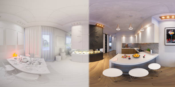 istock Render seamless panorama of kitchen and dining room interior design decorated for Halloween 1213594695