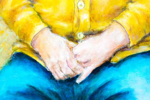 Painting Close-Up: Senior Man's Clasped Hands