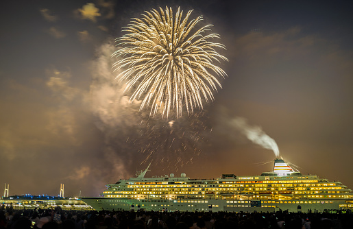 Luxury liner and fireworks (Yokohama Sparkling Twilight). Shooting Location: Yokohama-city kanagawa prefecture