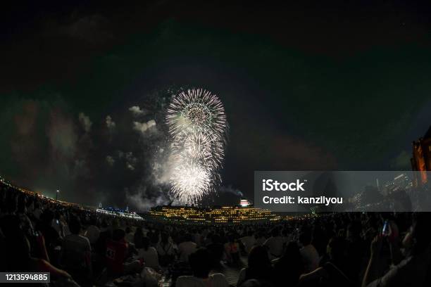 Luxury Liner And Fireworks Stock Photo - Download Image Now