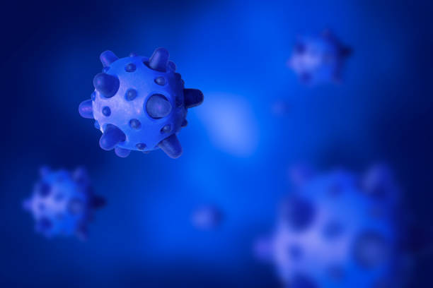 COVID-19, influenza or flu coronavirus blue background, SARS-CoV-2 corona virus under microscope, 3d illustration. Coronavirus outbreak and pandemic. Virology, vaccine and COVID19 symptoms concept.