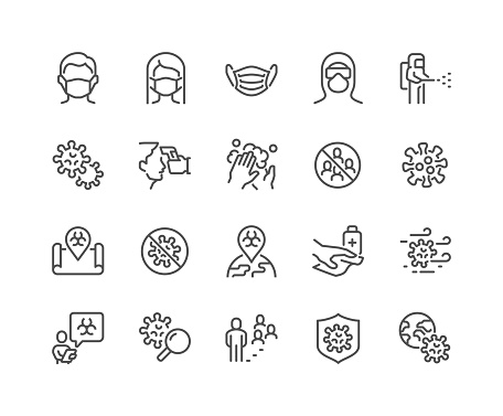 Simple Set of Coronavirus COVID 19 Safety Related Vector Line Icons. 
Contains such Icons as Washing Hands, Outbreak Map, Man and Woman Wearing Face Mask and more. Editable Stroke. 48x48 Pixel Perfect.