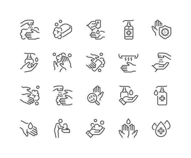 ilustrações de stock, clip art, desenhos animados e ícones de line washing hands icons - soap body