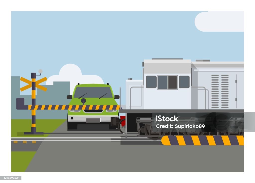 Train Passing Railroad Crossing Simple Flat Illustration Stock Illustration  - Download Image Now - iStock