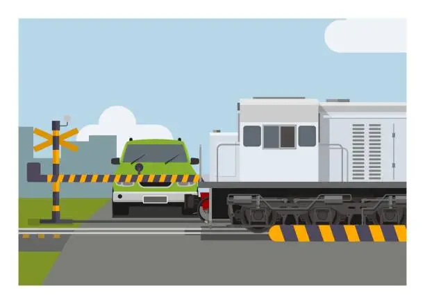 Vector illustration of Train passing railroad crossing. Simple flat illustration.