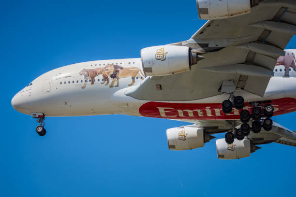 emirates a380 de cerca - underbelly fotografías e imágenes de stock