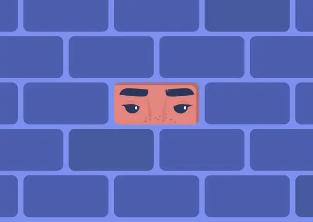 Vector illustration of Female Eyes looking through a hole in a wall, freedom and borders, privacy, stalking, introvert mindset, depression