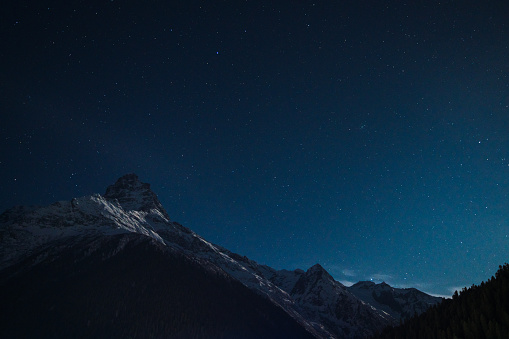 Stars over Belalakaya mountain, Dombay, Caucasus, Russia.