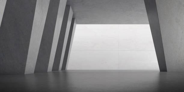 istock Abstract of concrete space with sun light cast the shadow on the wall ,Geometric structure, Museum space,Perspective of brutalism  architecture,3d rendering. 1213610688