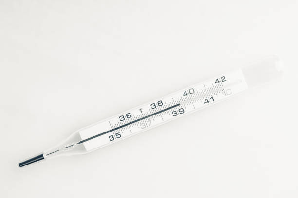 Termometer on blue background. Copy space