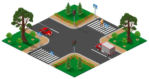 Vector illustration of Street road intersection with traffic light. Pedestrian man crosses zebra road