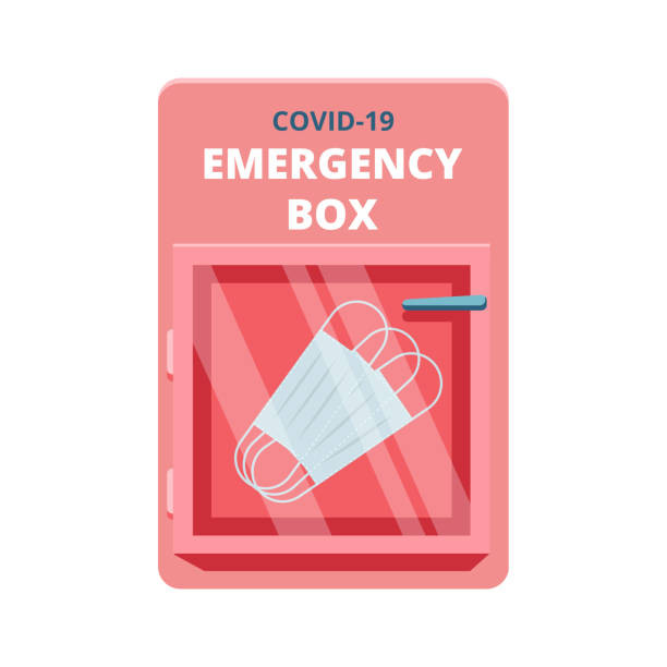 Emergency box with medical facial masks in red case of breakable glass. Shortage Coronavirus Phenomenon concept. COVID-19 protection. Vector illustration. Isolated on white background. Emergency box with medical facial masks in red case of breakable glass. Shortage Coronavirus Phenomenon concept. COVID-19 protection. Vector illustration. Isolated on white background emergency break glass box stock illustrations