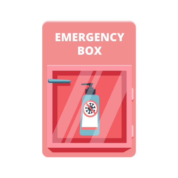 Emergency box with sanitized gel in red case of breakable glass. Shortage Coronavirus Phenomenon concept. COVID-19 protection. Vector illustration. Isolated on white background. Emergency box with sanitized gel in red case of breakable glass. Shortage Coronavirus Phenomenon concept. COVID-19 protection. Vector illustration. Isolated on white background emergency break glass box stock illustrations