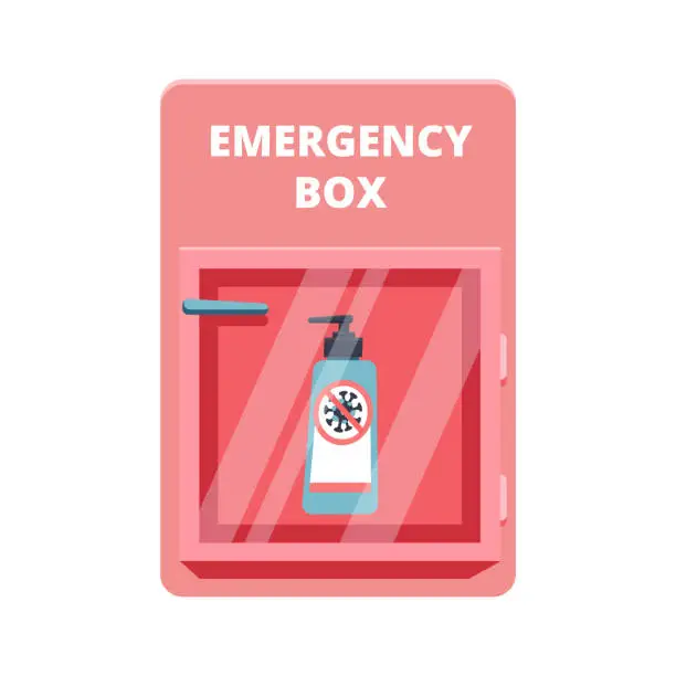 Vector illustration of Emergency box with sanitized gel in red case of breakable glass. Shortage Coronavirus Phenomenon concept. COVID-19 protection. Vector illustration. Isolated on white background.