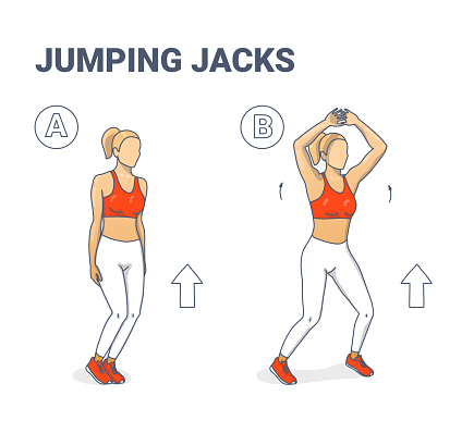 Jumping Jacks Exercise Girl Workout Silhouettes. Star Jumps illustration - a young woman in sportswear (white leggings, lush lava top and sneakers) does the side-straddle hop sequentially.