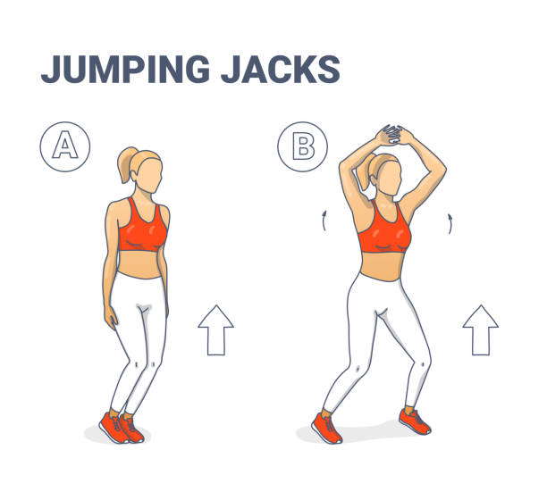 Jumping Jacks Exercise Girl Workout Silhouettes illustration. Jumping Jacks Exercise Girl Workout Silhouettes. Star Jumps illustration - a young woman in sportswear (white leggings, lush lava top and sneakers) does the side-straddle hop sequentially. jumping jacks stock illustrations