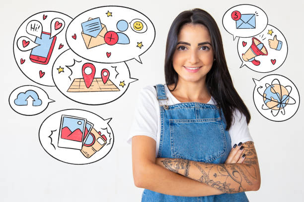 istock Attractive young brunette with hand drawn social media sketches 1213618785