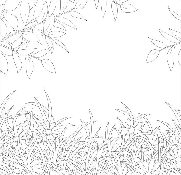 Vector illustration of Branches and wildflowers among grass