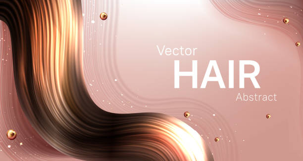 Realistic brown hair strand abstract vector poster Realistic hair abstract vector poster, wavy brown earlock strand on smooth beige background with golden pearls. Beauty salon, cosmetics product or shampoo advertising banner template, 3d illustration hair posters for salon stock illustrations