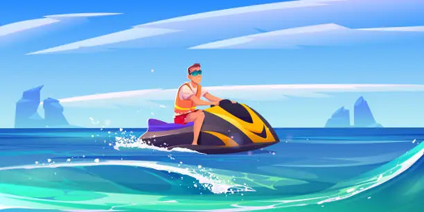 Vector illustration of Young man ride aquabike, jet ski in sea