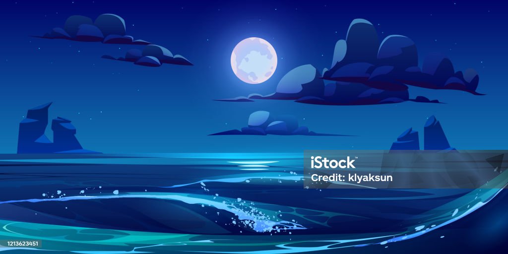 달 별 구름이 있는 밤바다 풍경 밤-하루 시간대에 대한 스톡 벡터 아트 및 기타 이미지 - 밤-하루 시간대, 바다, 하늘 - Istock