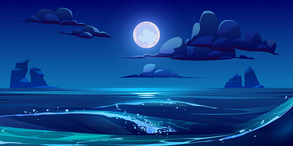Night sea landscape with moon, stars and clouds in dark sky. Vector cartoon illustration of midnight scene of ocean waves with rocks and moonlight reflection