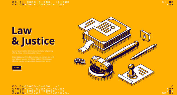 Law and justice isometric landing page legislation Law and justice isometric landing page. Gavel, constitution book, document with stamp, coins and pen lying on table. Punishment for crime, legal judgement, legislation 3d vector line art web banner justice concept illustrations stock illustrations