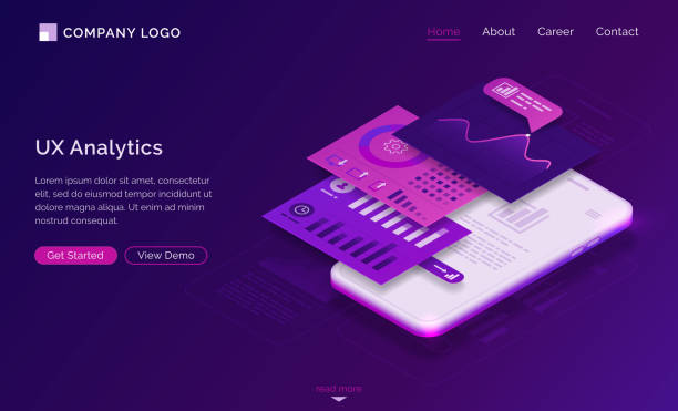 Ui ux analytics dashboard isometric landing page Ui ux analytics isometric landing page, mobile phone dashboard graphs and data analysis layout charts. Mobile app user experience interface development, gadget software design, 3d vector web banner landing page illustrations stock illustrations