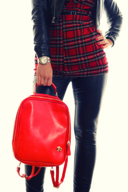 Elegant glamor lady with red bag isolate on white