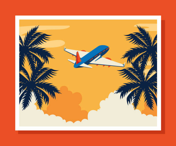 istock travel poster with airplane flying and tree palms 1213624959
