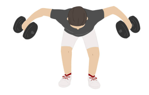 illustrazioni stock, clip art, cartoni animati e icone di tendenza di materiale personale: uomini, allenamento, allenamento manubrio - latissimus dorsi illustrations