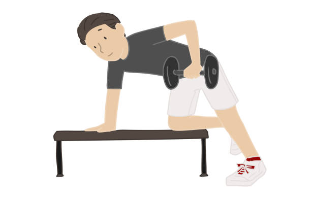 illustrazioni stock, clip art, cartoni animati e icone di tendenza di materiale personale: uomini, allenamento, allenamento manubrio - latissimus dorsi illustrations