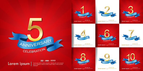 Set of 1-10 Anniversary celebration emblem. anniversary elegance golden logo with blue ribbon on red background, template design for web, poster, leaflet, flyers, greeting card & invitation card