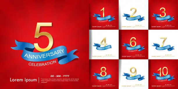 Vector illustration of Set of 1-10 Anniversary celebration emblem. anniversary elegance golden logo with blue ribbon on red background, template design for web, poster, leaflet, flyers, greeting card & invitation card