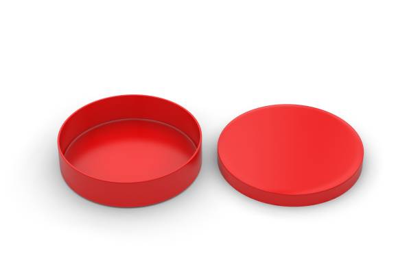 istock Round red cardboard packaging box mock up template on isolated white background, 3d illustration 1213628102