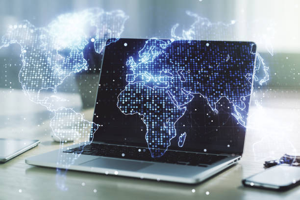 istock Multi exposure of abstract creative digital world map on modern laptop background, tourism and traveling concept 1213630673