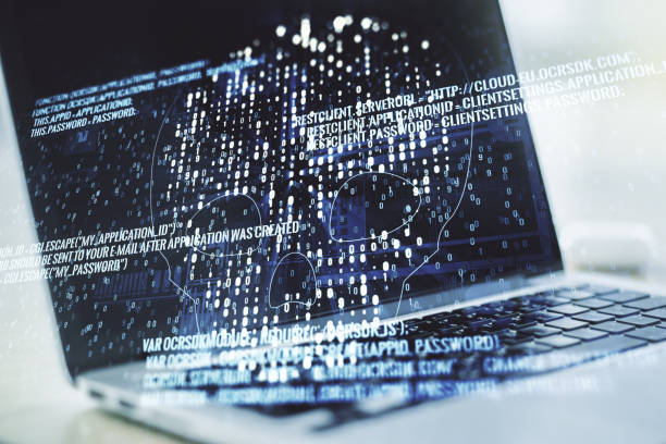 istock Creative concept of code skull illustration on modern laptop background. Hacking and phishing concept. Multiexposure 1213630687