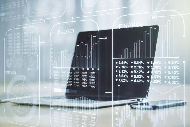 multi exposure of abstract graphic data spreadsheet sketch on modern computer background, analytics and analysis concept - spreadsheet financial figures computer computer monitor imagens e fotografias de stock