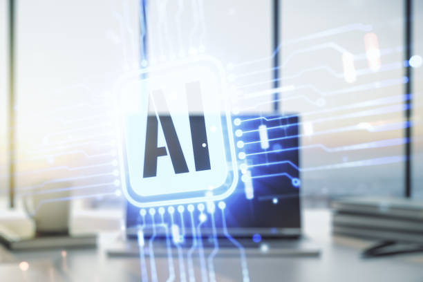 istock Double exposure of creative artificial Intelligence icon with modern laptop on background. Neural networks and machine learning concept 1213631895