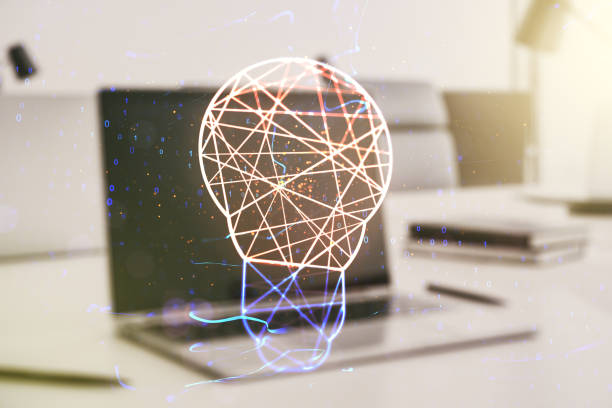 istock Double exposure of creative light bulb hologram on laptop background, research and development concept 1213632074