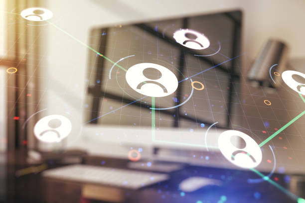 istock Social network media concept with modern computer on background. Double exposure 1213632291