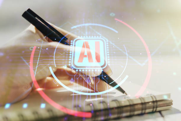 istock Creative artificial Intelligence symbol concept with woman hand writing in notebook on background. Multiexposure 1213632334