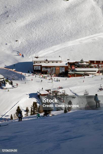 Panoramic View Of The Ski Resort Ischgl With Skiers And Snowborders On The Slopes Stock Photo - Download Image Now