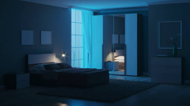 istock Modern interior of a bedroom with light green walls. Night. Evening lighting. 3D rendering. 1213633470