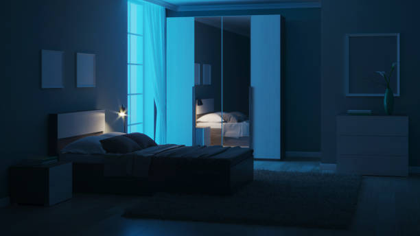 istock Modern interior of a bedroom with light green walls. Night. Evening lighting. 3D rendering. 1213633479