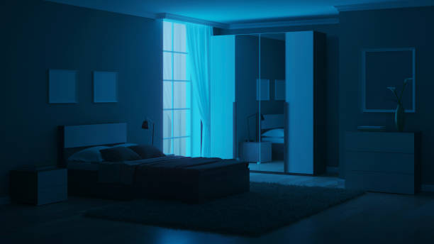 istock Modern interior of a bedroom with light green walls. Night. Evening lighting. 3D rendering. 1213633481