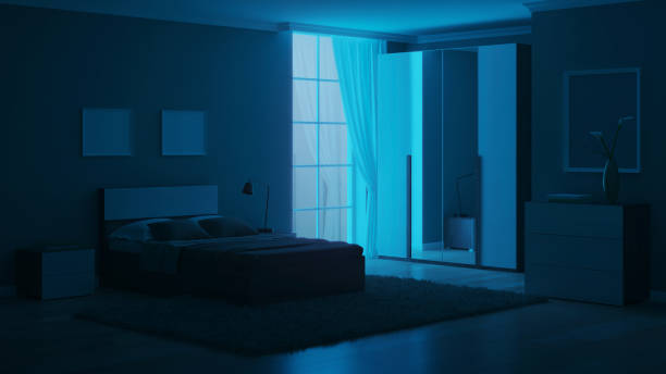 istock Modern interior of a bedroom with light green walls. Night. Evening lighting. 3D rendering. 1213633485
