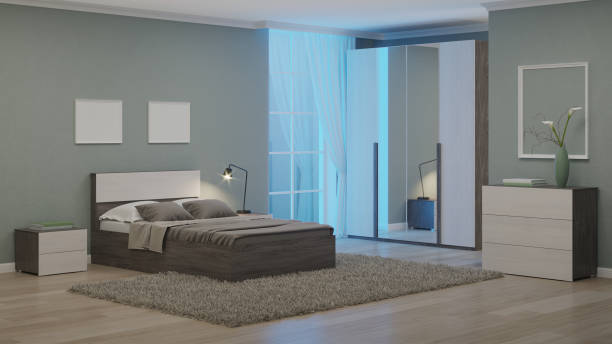 istock Modern interior of a bedroom with light green walls. Night. Evening lighting. 3D rendering. 1213633486